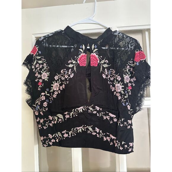 FREE PEOPLE CHIARA EMBROIDERED TOP black floral large C - Picture 7 of 9